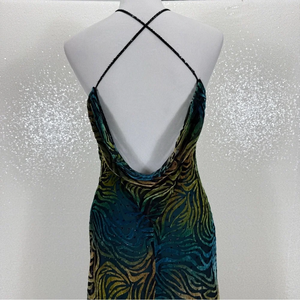 Icon by Kathryn Dianos Green Blue Burnout Velvet Abstract swirl Maxi Dress Party - Picture 6 of 17